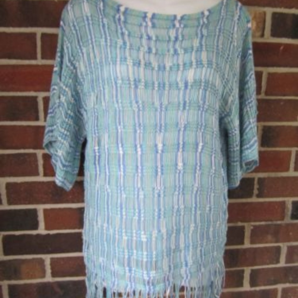 NY Collection Boho Aqua Knit Top Leightweight Fringes Unique NWT Small